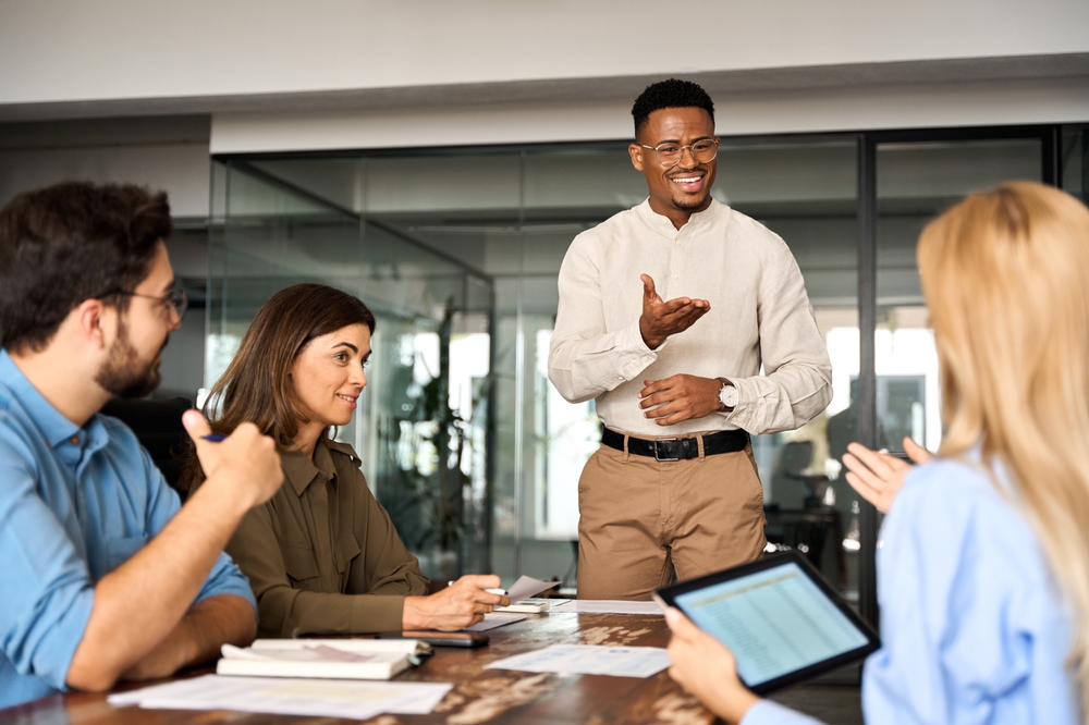 Young,Happy,African,American,Male,Executive,Company,Leader,Discussing,Project